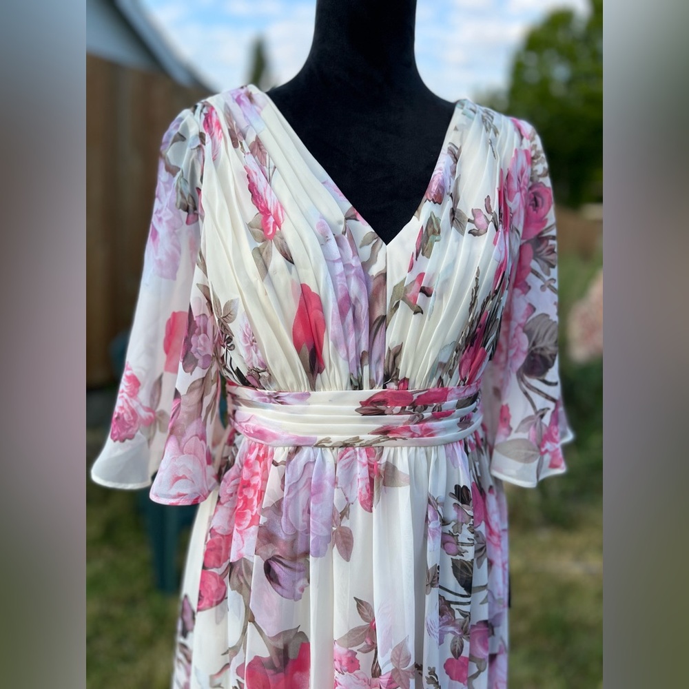 Adrianna papell flutter sleeve chiffon maxi dress floral evening gown - Picture 10 of 14